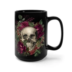 Skull & Roses 15 Oz Black Ceramic Mug Microwave Dishwasher Safe - Imagen 1 de 5