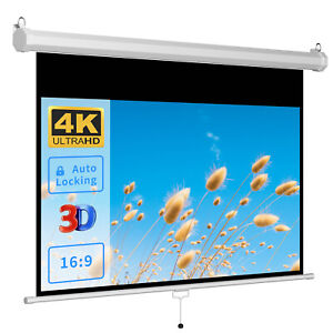100'' Projector Screen Manual Pull-Down Auto 16:9 4K HD Movies Home Theater