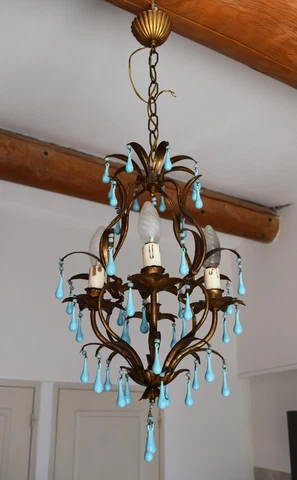 Antique Chandelier Blue Opaline drops 1920 Beads 4 Lights Gouttes RARE Lustre Cover
