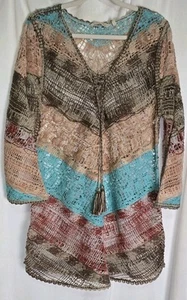 Soft Surroundings XLarge Aqua Multi Earthy Open Knit Crochet Tunic Top - Picture 1 of 8