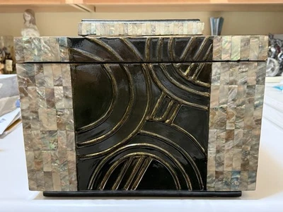Maitland Smith Tessellated Mother of Pearl Postmodern Lacquer Wood Chest Box - Image 1 of 4