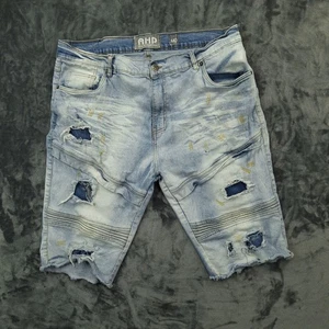 AHP Shorts Mens 40 Blue Distressed Denim Ripped Biker Frayed Hem Casual Grunge - Picture 1 of 19
