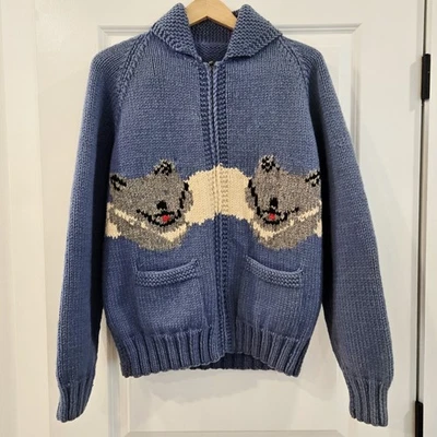 Suéter Cowichan Vintage Años 50 60 Azul Trineo Perros Abrigos Y Clark Cremallera Tejido a Mano Foto 1 de 4