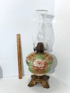 Victorian Hand Painted Floral Parlor Table Oil Lamp w/ Globe & Rayo Queen Ann #2 - Picture 1 of 8