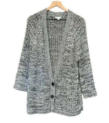 J. Jill Women's Black White Loose Knit Two Button Cardigan Sweater Size Medium - Image 1 of 4