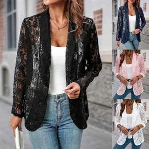 Womens Lace See-Through Cardigan Front Open Coat Ladies OL Work Casual Tops - Picture 1 of 23