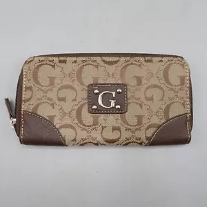 GUESS Brown Tan Signature Logo Wallet Zip Around Card Holder ID Organizer 7x3" - Picture 1 of 4