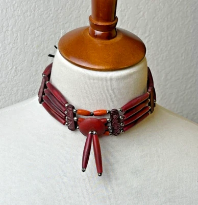 Gargantilla unisex con cuentas de hueso corbata de cuero plateado 18 x 1,5 pulgadas collar 4 filas Foto 1 de 4