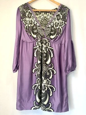 Mint Velvet Purple, black floral silk 3/4 sleeve tunic blouse UK 16 - Image 1 of 4