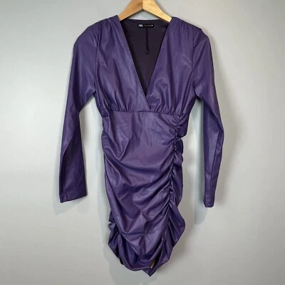 Zara Purple Faux Leather Dress Size Medium Long Sleeve Ruched Vegan - Image 1 of 4