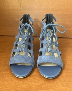 Rocker Chic Gladiator Caged Block Heel Sandals Open Toe Straps Cutout Blue Suede - Picture 1 of 11