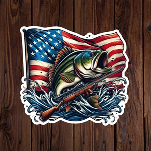 Fishing sticker vinyl decal largemouth bass hunting rifle American flag - Picture 1 of 3