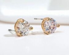 3 Prong Stud Earring Lab Created Diamond 2Ct Round 14K Yellow Gold Plated Women