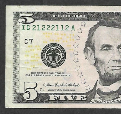 2006 $5 Fancy Serial Number 21222112 Five Dollar Binary Note 5 of A Kind - Image 1 of 4