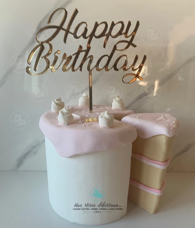 Cake Topper Oro/Argento Specchiato Happy Birthday Auguri Leggi Descrizione 17x9 - Immagine 1 di 1