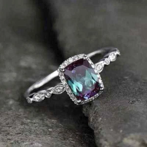 2Ct Cushion Cut Alexandrite Halo Women's Engagement Ring 14K White Gold Finish - Picture 1 of 6