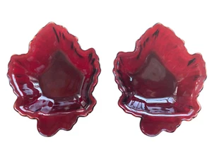 VINTAGE ANCHOR HOCKING Red Glass MAPLE LEAF CANDY DISH Set Thanksgiving MCM - Picture 1 of 12
