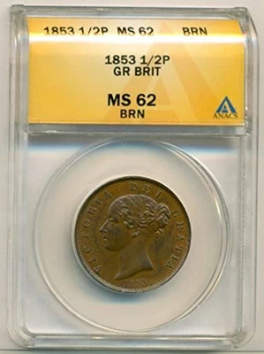 Great Britain Queen Victoria 1853 1/2 Penny MS62 BN ANACS - Image 1 of 4