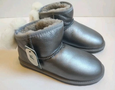 NEW Emu Australia Rigel Glossy Leather Dark Silver Grey Boots Micro Bow Shoes 8 - Image 1 of 4