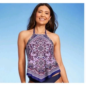 Kona Sol Purple Floral High Neck Tankini Top - Size S - Picture 1 of 7