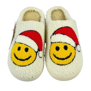 Weihnachtsmann Hausschuhe Damen 5-6 Happy Face Fleece Schuhe Kunstfell gefüttert - Bild 1 von 7