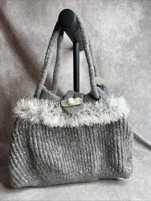 Handmade Textured Wool Purse Bag Gray Boho Style Button Closure Interior Pocket - Image 1 of 4