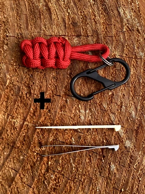 Porte Clef = Mousqueton + Noeud paracorde rouge + Pincette et Cure-dent - Photo 1/4