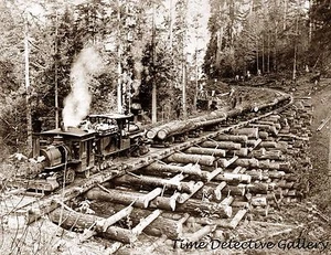 Logging Locomotive Steaming over Log Railroad Bridge - Poster in 3 Sizes - Picture 1 of 1
