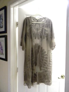Rebellion LG. Sheer Beige/Brown,  Caftan Coverup Embroidered, Long Duster - Picture 1 of 9