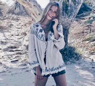 ZARA Jacket Top Medium Beige Cotton Tassel Boho Sequin Embroidered Kaftan - Image 1 of 4