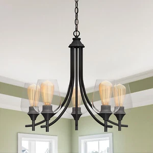 5-Light Matte Black Chandelier Classic Pendant Ceiling Light /Clear Glass Shades - Picture 1 of 5