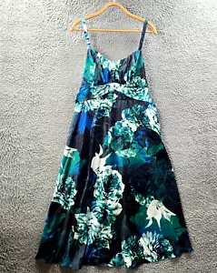 New You & All Womens Midi A-line Dress Size 16 Blue Green Black Floral Satin - Picture 1 of 14