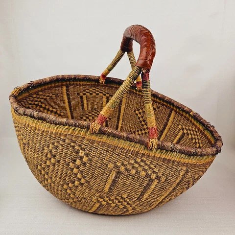 Vintage LG Hand Woven African BOLGA Style Basket with Leather Handle Cover