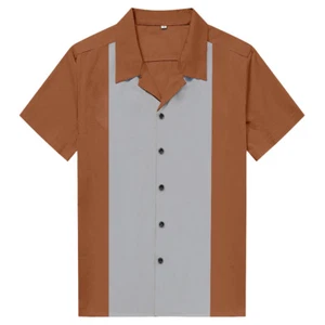 Camisa de Empalme de Cerveza Hombre Informal Años Cincuenta Camisa de Bolos Marrón Rockabilly Ropa - Imagen 1 de 1