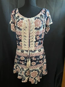 EXHILARATION Women's Boho Geometric Print Romper M - Lace Tassel Festival Chic - Picture 1 of 2