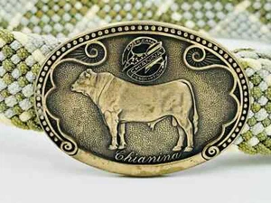 Tony Lama Solid Brass Chianina Bull Belt Buckle Cattle Breed Series 30" Belt - Picture 1 of 6
