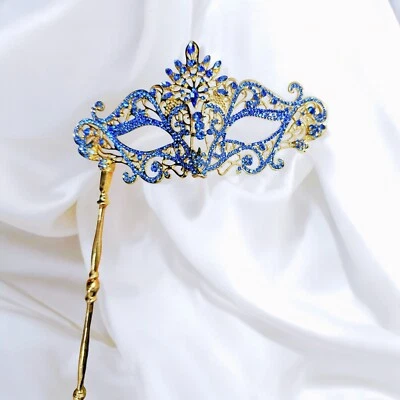 Blue Crystal Masquerade Mask with Stick, Gold Masquerade Mask, Venetian Mask - Image 1 of 4