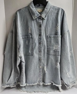 POL Jeanshemd Damen Large blau distressed ausgefranster Saum silber Knopf Oversized - Bild 1 von 11