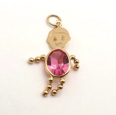 14k Gold Synthetic Pink October Birthstone Little Boy Charm Pendant New - Image 1 of 4