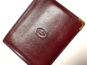 CARTIER VINTAGE MUST CC EMBOSSED LEATHER WALLET BIFOLD CARD FRANCE BURGUNDY RED - Picture 1 of 20