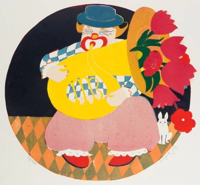 I. JÖRG (*1935), Clown mit Tuba und Rosen, Farblinolschnitt Naiv Musik 1970-1989 - Bild 1 von 4