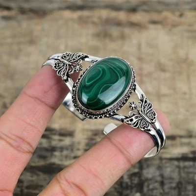 Green Malachite Gemstone 925 Sterling Silver Jewelry cuff Bracelet Adjustable - Image 1 of 4