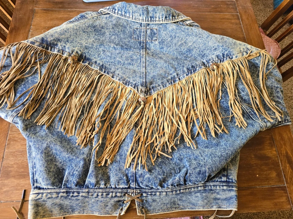 Womens vintage 1980s fringe and Acid Wash jean jacket East West.  - Image 1 of 3