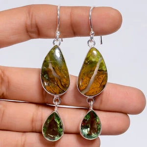 Serpentine Green Amethyst Gemstone Fashion 925 Silver Earrings 2.6" ARE-5496 - Picture 1 of 3