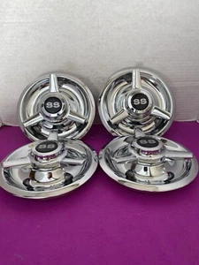 (4) 3 BAR SPINNERS CENTER CAPS FOR CHEVY RALLY WHEELS 7",BLACK & SIVLER SS DECAL - Picture 1 of 4
