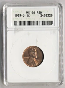 1955-D LINCOLN CENT ANACS MS-66 RED - Picture 1 of 2