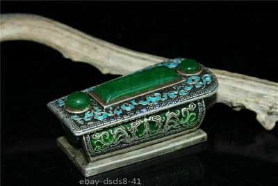 Caja ataúd ataúd jade jadita hielo cloisonne chapado en plata cobre chino de 2,95" Foto 1 de 4