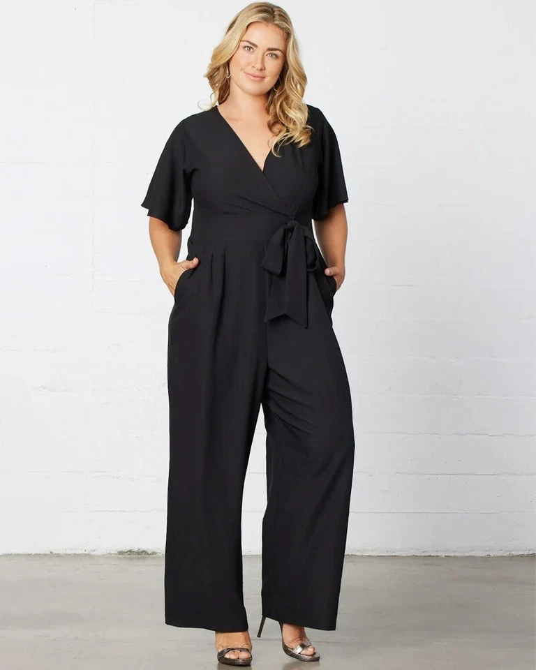 KIYONNA Women's Plus Size 1X Celina Chiffon Jumpsuit Black