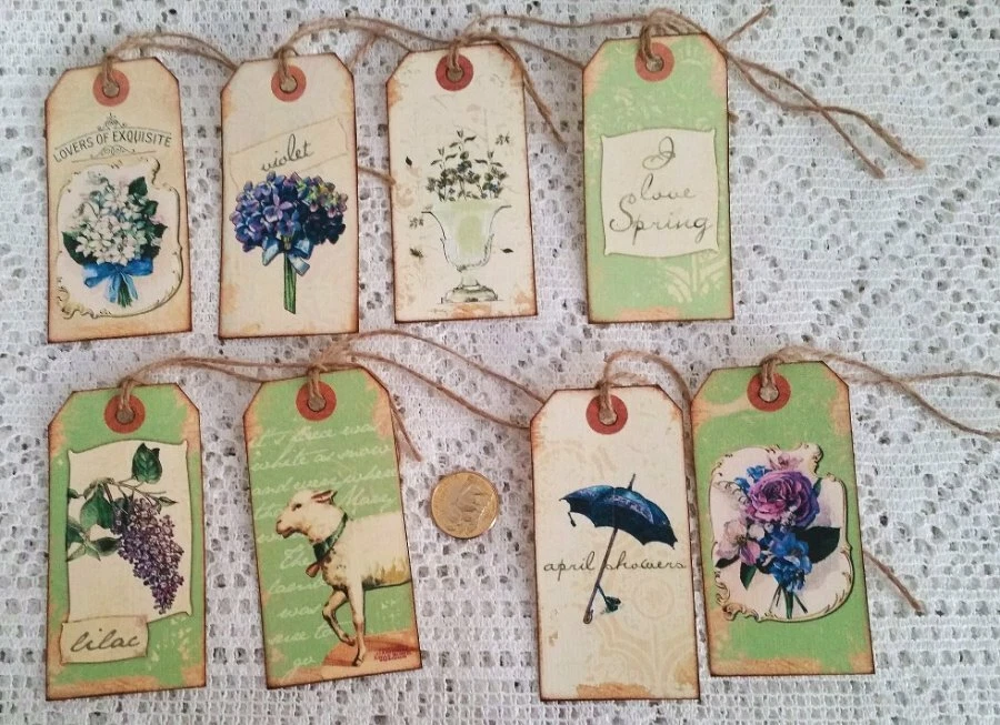 9~Easter~Vintage~Primitive~Spring~Lamb~Fussy Cut~Linen Cardstock~Gift~Hang~Tags - Image 1 of 1