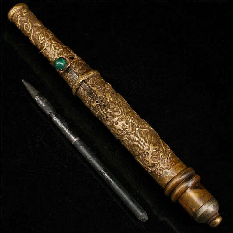 8.66" Antique Chinese purple copper inlay gem Dragon head Sleeve arrow sword - Image 1 of 4